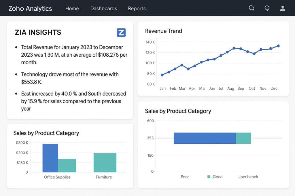 Zoho-Analytics-dashboard-interface-showing-AI-powered-Zia-insights-and-data-visualizations