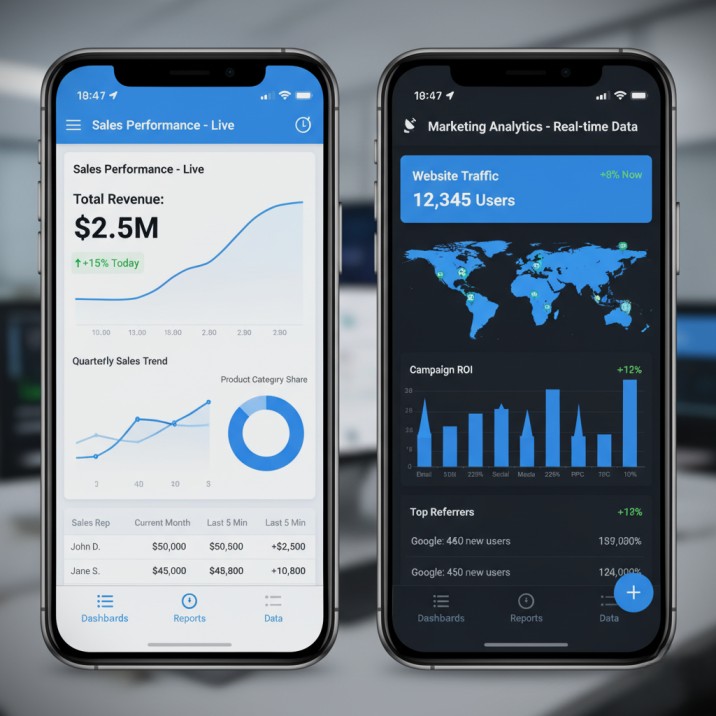 Zoho-Analytics-mobile-app-screenshots-for-iOS-and-Android-showing-real-time-dashboards