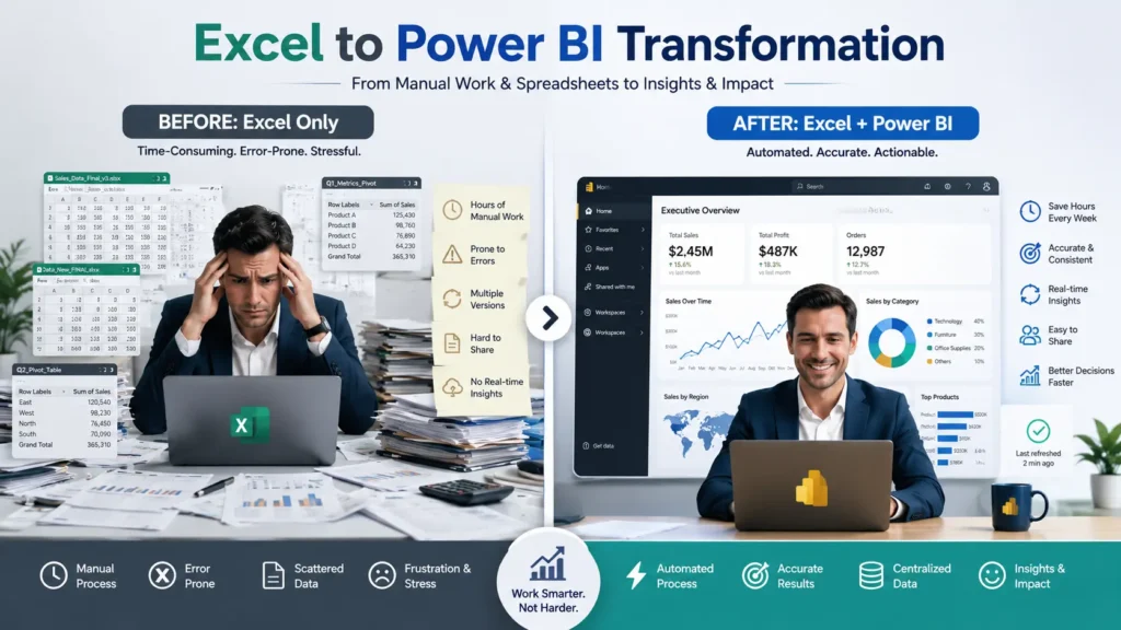Before and After: Excel only vs Excel + Power BI mastery - See the transformation in reporting and career growth