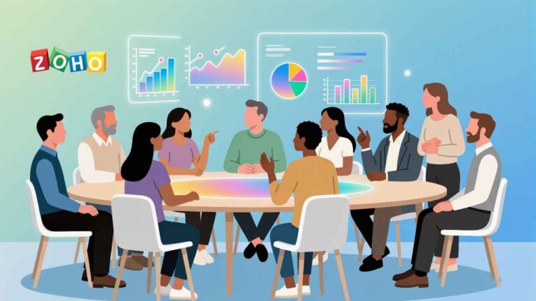 Business-professionals-collaborating-on-Zoho-Office-Suite-cloud-platform-on-multiple-devices